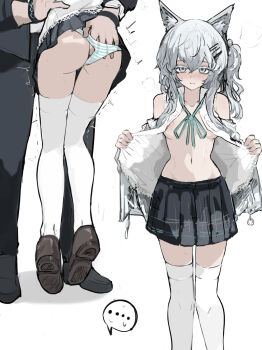 1boy 1girl absurdres animal_ears arknights ass bare_shoulders black_skirt blue_eyes blue_ribbon blush breasts cat_ears cat_girl commentary_request doctor_(arknights) embarrassed hair_between_eyes hair_ornament hairclip hand_in_another&#039;s_panties hetero highres hug infection_monitor_(arknights) long_hair medium_breasts miniskirt multiple_views navel neck_ribbon nervous nipples no_bra no_tail open_clothes open_shirt panties parted_lips plaid_clothes plaid_skirt pleated_skirt presenting ribbon rosmontis_(arknights) skirt small_breasts solo_focus standing stomach striped_clothes striped_panties thighhighs thighs tiptoes underwear undressing whate=3r white_hair