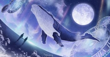 2boys analog_clock animal animal_focus aurora blue_eyes blue_sky blue_theme bowu_wuxian clock cloud commentary curved_floor english_commentary flower flying_whale from_behind full_moon glowing highres hood hoodie horizon huaepiphany huge_moon male_focus moon moonlight multiple_boys night night_sky portal_(object) scenery shadow shooting_star signature silhouette sky star_(sky) starry_sky very_wide_shot whale white_flower wide_shot