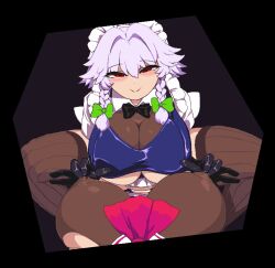 1futa 1girl adapted_costume alternate_breast_size animated animated_gif ascot bar_censor black_bow black_bowtie black_gloves bow bowtie braid breasts censored female_pov femdom futa_with_female futanari gloves grey_hair huge_breasts izayoi_sakuya large_breasts latex latex_gloves looping_animation maid maid_headdress namako_daibakuhatsu nipple_stimulation nipple_tweak nipples pantyhose penis pov pov_breasts pussy red_ascot red_eyes remilia_scarlet sex short_hair smile thick_thighs thighhighs thighs touhou twin_braids underboob vampire