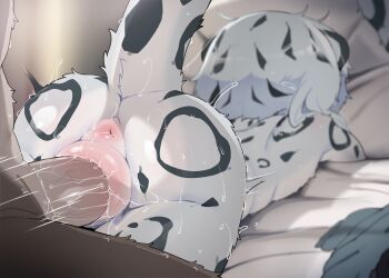 1boy 1girl age_difference anus ass blue_fur blue_hair blurry blurry_background body_fur brown_fur dagasi doggystyle from_behind furry furry_female furry_male furry_with_furry hetero highres hugging_object loli motion_lines original pillow pillow_hug sex sex_from_behind short_hair snow_leopard_ears snow_leopard_girl snow_leopard_tail uncensored vaginal yuki-chan_(dagashi)