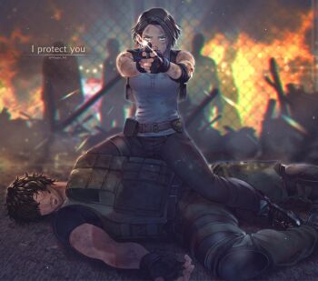 1boy 1girl aiming artist_name beard_stubble black_hair blue_eyes blue_shirt brown_hair carlos_oliveira facial_hair fire gun holding holding_gun holding_weapon jill_valentine mappo_m2 pants police_badge resident_evil resident_evil_3:_nemesis resident_evil_3_(remake) shirt short_hair stubble weapon wire_fence