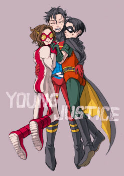 3boys abs bart_allen black_hair bodysuit boots brown_hair cape carrying copyright_name dc_comics domino_mask eye_mask flying gloves goggles impulse jika-tabi kon-el male_focus mask multiple_boys red_footwear robin_(dc) shoes split-toe_footwear superboy tim_drake young_justice