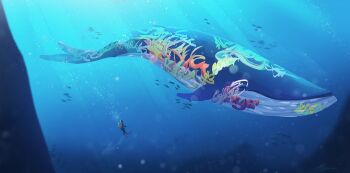 1other air_bubble animal_focus blue_theme blue_whale blurry bubble depth_of_field fish graffiti looking_at_animal original painterly school_of_fish scuba_gear scuba_tank size_difference subsurface_scattering swimming underwater whale zandra