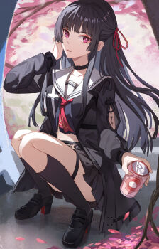 1girl absurdres arm_cutout black_choker black_hair black_jacket black_shirt black_shoes black_skirt can chinese_commentary chisa_(wuthering_waves) choker clothing_cutout commentary_request crop_top drink_can hair_ribbon hand_up highres holding holding_can jacket long_hair long_sleeves looking_at_viewer midriff mole mole_under_eye neckerchief neo777 parted_lips red_eyes red_neckerchief red_ribbon ribbon sailor_collar shirt shoes skirt solo squatting thigh_strap white_sailor_collar wuthering_waves