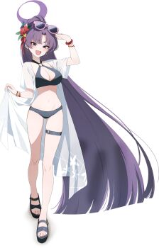 Rule 34 | 1girl, absurdres, adjusting eyewear, bikini, black bikini, blue archive, blush, bracelet, breasts, cleavage, closed eyes, closed mouth, collarbone, eyewear on head, fingernails, flower, full body, gulim, hair flower, hair ornament, halo, hand up, highres, jewelry, large breasts, long hair, o-ring, o-ring bikini, o-ring thigh strap, o-ring top, official alternate costume, official art, open clothes, open mouth, open shirt, parted bangs, pink-framed eyewear, purple eyes, purple flower, purple halo, shirt, solo, standing, stomach, swimsuit, tachi-e, thigh strap, tinted eyewear, toenails, very long hair, white shirt, yukari (blue archive), yukari (swimsuit) (blue archive)