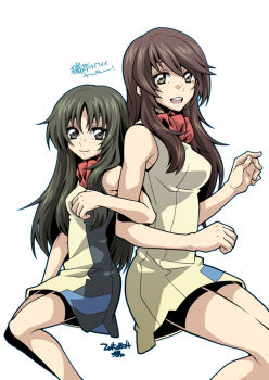 Rule 34 | 2girls, back-to-back, bare shoulders, black hair, breasts, brown eyes, brown hair, dated, hair between eyes, locked arms, long hair, looking at viewer, minashiro orihime, multiple girls, open mouth, pael, sidelocks, sitting, skirt, sleeveless, small breasts, smile, soukyuu no fafner, tatekami seri, teeth