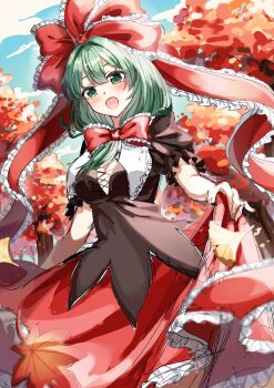 1girl black_dress blue_sky blush cloud commentary_request cross-laced_clothes dnrnak dress front_ponytail green_eyes green_hair hair_ribbon highres kagiyama_hina leaf looking_at_viewer maple_leaf open_mouth outdoors red_ribbon ribbon sky solo touhou