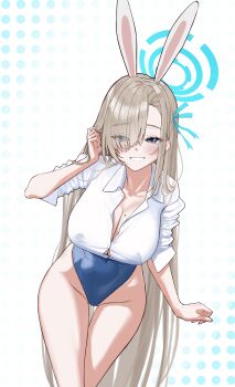 1girl absurdres animal_ear_hairband animal_ears asuna_(blue_archive) asuna_(bunny)_(blue_archive) blonde_hair blue_archive blue_eyes blue_halo blue_leotard blush breasts button_gap cbwook cleavage collarbone eyes_visible_through_hair fake_animal_ears grin groin hair_over_one_eye hair_ribbon hairband halo highres large_breasts leotard long_hair looking_at_viewer mole mole_on_breast rabbit_ear_hairband rabbit_ears ribbon shirt sleeves_rolled_up smile solo thighs very_long_hair white_shirt