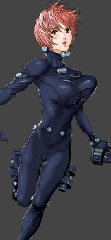 1girl absurdres black_bodysuit blush bodysuit bouncing_breasts breasts brown_eyes dual_wielding feet_out_of_frame gantz gantz_suit grey_background gun highres holding holding_gun holding_weapon kishimoto_kei large_breasts latex latex_bodysuit lips looking_at_viewer official_art oku_hiroya parted_lips pink_hair pink_lips running short_hair sidelocks simple_background skin_tight solo teeth upper_teeth_only weapon x-gun x-rifle
