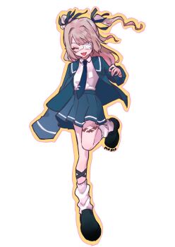 1girl black_shoes blazer blue_jacket blue_necktie blue_ribbon blue_sailor_collar blue_skirt blush closed_eyes collared_shirt colored_inner_hair eyepatch full_body grey_hair hair_intakes hair_ribbon hashtag-only_commentary heart highres jacket lapels leg_ribbon leg_tattoo long_hair long_sleeves looking_down loose_socks makaino_ririmu medical_eyepatch miniskirt momo_(maroon5_24) monitoring_(vocaloid) multicolored_hair necktie nijisanji notched_lapels official_alternate_costume official_alternate_hairstyle open_clothes open_jacket open_mouth outline pink_hair pink_streaks platform_shoes pleated_skirt pointy_ears ribbon sailor_collar school_uniform shirt shirt_tucked_in shoes sidelocks signature simple_background skirt sleeves_past_fingers sleeves_past_wrists smile socks solo standing standing_on_one_leg streaked_hair tattoo tie_clip two-tone_hair two_side_up virtual_youtuber white_background white_shirt white_socks winged_heart winged_heart_tattoo yellow_outline