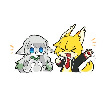 &gt;_&lt; 2girls :d animal_ears arknights blue_eyes blush chibi clear_all_ralm don_quixote_(project_moon) fang fox_ears fox_girl fox_tail furry limbus_company mayors_(project_moon) multiple_girls open_mouth project_moon smile tail white_background white_fur xd yellow_fur