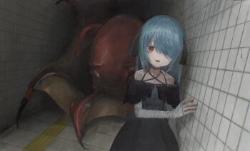 Rule 34 | 1girl, absurdres, against wall, animal, animal request, bags under eyes, bandage over one eye, bandaged arm, bandages, bare shoulders, black dress, blue hair, collarbone, commentary, commission, cowboy shot, dress, dutch angle, hair over one eye, hallway, halter dress, halterneck, hand on wall, highres, indie virtual youtuber, indoors, long hair, looking at viewer, magan0301, one eye covered, oversized animal, red eyes, skeb commission, solo, squid, tactile paving, the exit 8, tile floor, tile wall, tiles, virtual youtuber, yokomori jizeru