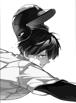 1boy 999993nine baseball baseball_helmet baseball_uniform blush boukyaku_battery character_request commentary_request floating_headgear flying_sweatdrops greyscale headgear helmet long_sleeves looking_to_the_side male_focus monochrome short_hair simple_background solo sportswear sweat upper_body white_background