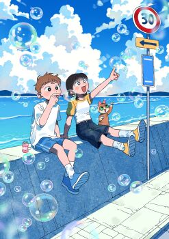 1boy 1girl absurdres black_eyes blowing_bubbles blue_shoes blue_shorts blue_sky blush brown_hair bubble cat cloud cloudy_sky commentary day denim denim_shorts green_eyes highres mannerer62 mountainous_horizon ocean open_mouth orange_cat original pointing raglan_sleeves road_sign shirt shoes short_sleeves shorts sign sky socks t-shirt white_shirt white_socks yellow_shoes