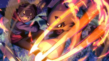 Rule 34 | 1boy, amanokawa hiro, blue jacket, brown hair, claws, digimon, digimon ghost game, gammamon, gears, green eyes, highres, hood, hoodie, horns, jacket, red hoodie, s nample, sharp teeth, slashing, teeth, triceratops