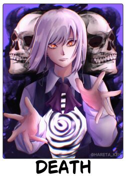 1girl absurdres black_dress bow chainsaw_man death_devil_(chainsaw_man) dress earrings fami_(chainsaw_man) fourth_east_high_school_uniform grey_hair grey_shirt hareta_ken highres jewelry long_sleeves looking_at_viewer medium_hair pinafore_dress purple_bow ringed_eyes school_uniform shirt skull skull_background sleeveless sleeveless_dress solo twitter_username yellow_eyes