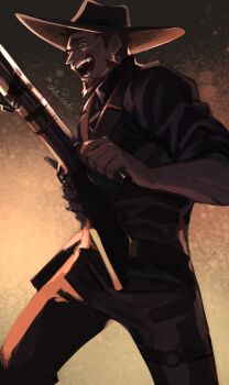 1boy 2bro. absurdres beard black_pants black_shirt commentary_request cowboy_hat cowboy_shot facial_hair gun hat highres holding holding_gun holding_weapon looking_ahead male_focus mature_male open_mouth otoja_(2bro.) pants rifle saida_(ohda_ooda) shirt short_hair short_sleeves sideburns solo weapon