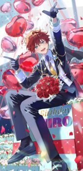 Rule 34 | 1boy, amagi hiiro, arm up, balloon, beads, black gloves, black pants, black shoes, black socks, blue eyes, bouquet, box, character name, collared shirt, commentary, earrings, ensemble stars!, flower, full body, gloves, gradient necktie, happy birthday, headset, heart balloon, highres, jewelry, long sleeves, looking at viewer, male focus, mc copycat, necktie, open mouth, outstretched arm, pants, petals, pink flower, red flower, red hair, red petals, red rose, rose, shirt, shoes, short hair, single earring, sitting, smile, socks, solo, star (symbol), teeth, upper teeth only