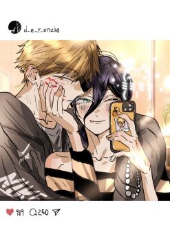 1boy 1girl arm_around_shoulder black_jacket blonde_hair blush busuttt chainsaw_man character_sticker commentary_request denji_(chainsaw_man) green_eyes grey_shirt hair_between_eyes hand_on_another's_cheek hand_on_another's_face highres holding holding_phone jacket korean_commentary lipstick_mark_on_cheek medium_hair off-shoulder_shirt off_shoulder one_eye_closed phone pochita_(chainsaw_man) purple_hair reze_(chainsaw_man) shirt short_hair social_media_composition sticker striped_clothes striped_shirt tongue tongue_out updo upper_body yellow_eyes