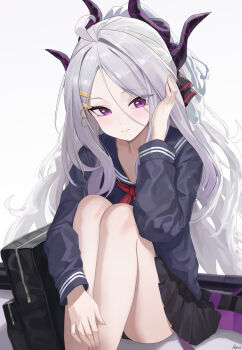 1girl absurdres ahoge arus black_skirt blue_archive blush demon_girl demon_horns gun highres hina_(blue_archive) horns long_hair looking_at_viewer machine_gun mg42 purple_eyes school_uniform serafuku simple_background sitting skirt solo very_long_hair weapon white_background white_hair