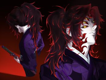 Rule 34 | 1boy, black background, closed mouth, colored sclera, commentary request, extra eyes, gradient background, highres, japanese clothes, katana, kimetsu no yaiba, kokushibou, korean commentary, lips, long hair, male focus, multiple views, nose, ponytail, qrpzg107, red background, red hair, red sclera, scabbard, sheath, standing, sword, text in eyes, two-tone background, weapon