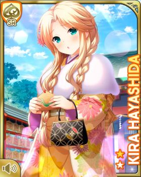Rule 34 | 1girl, :o, alternate hairstyle, blonde hair, braid, braided bangs, card (medium), day, fur trim, girlfriend (kari), green eyes, hayashida kira, japanese clothes, kimono, long hair, official art, open mouth, orange kimono, outdoors, qp:flapper, solo, white legwear