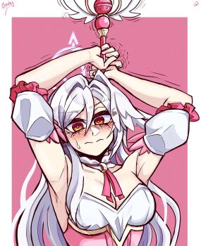 1girl absurdres alternate_breast_size_(larger) armpits bare_shoulders blue_archive blush breasts bustier commentary_request detached_collar detached_sleeves dress hair_intakes head_wings highres incoming_attack kumori0_(cloudy) large_breasts long_hair looking_at_viewer magical_girl nervous official_alternate_costume pillarboxed pink_dress portrait red_eyes single_head_wing solo suzumi_(blue_archive) suzumi_(magical)_(blue_archive) sweatdrop underbust white_hair wings
