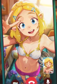 1boy 1girl :d alternate_costume ball bare_shoulders bikini blonde_hair blue_eyes boxers bra braid breasts cellphone commentary controller crown_braid english_commentary game_console game_controller gamecube gamecube_controller hair_ornament hairclip highres indoors link looking_at_viewer male_underwear medium_breasts navel nintendo open_mouth parted_bangs phone pink_shorts pointy_ears pov princess_zelda selfie sermella short_hair shorts smartphone smile solo standing stomach swimsuit taking_picture teeth the_legend_of_zelda the_legend_of_zelda:_tears_of_the_kingdom thick_eyebrows triforce underwear upper_teeth_only v viewfinder white_bikini white_bra window