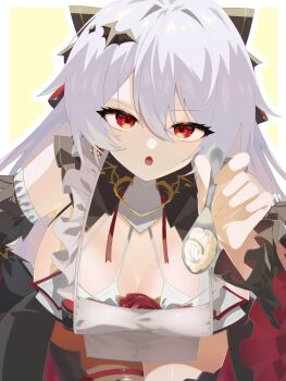 Rule 34 | 1girl, bat hair ornament, black dress, breasts, cleavage, commentary request, detached sleeves, dress, earrings, hair ornament, highres, holding, holding spoon, honkai (series), honkai impact 3rd, incoming food, jewelry, large breasts, leaning forward, long hair, looking at viewer, luna (honkai impact), m3enjrveef5ekwt, open mouth, pov, red eyes, simple background, solo, spoon, very long hair, white background, white hair