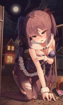 1girl absurdres adjusting_clothes alternate_costume ass bat_wings bent_over black_pantyhose blurry breasts brown_hair building candy chupa_chups cleavage commentary crossed_arms depth_of_field fake_wings fallen_down fangs food genshin_impact grey_eyes hair_between_eyes hair_ribbon halloween halloween_costume highres jelly_bean kneeling leotard lollipop long_hair looking_away medium_breasts mona_(genshin_impact) night night_sky pantyhose ribbon scrunchie sidelocks sky sleeveless solo symbol-shaped_pupils tem torn_clothes torn_pantyhose twintails window wings wrist_scrunchie