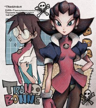 2girls black_jacket book bright_pupils brooch brown_hair character_name coat coke-bottle_glasses cropped_jacket crotch_plate dual_persona earrings glasses gloves green_eyes hairband hand_on_own_hip highres holding holding_book jacket jewelry karen_(karenoni1031) lab_coat lipstick long_hair makeup mega_man_(series) mega_man_legends_(series) multiple_girls narrowed_eyes pantyhose pink_gloves pink_hairband pink_shirt puffy_short_sleeves puffy_sleeves pursed_lips round_eyewear servbot_(mega_man) shirt short_hair short_sleeves skull_and_crossbones skull_brooch skull_earrings sparkle sphere_earrings tron_bonne_(mega_man) v-shaped_eyebrows white_coat white_pupils