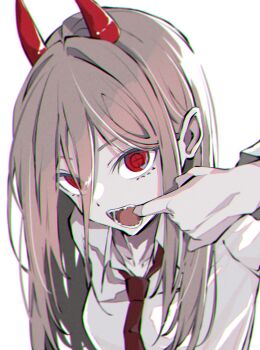 Rule 34 | 1girl, :o, blonde hair, chainsaw man, collarbone, commentary, cross-shaped pupils, demon horns, finger in own mouth, highres, horns, long hair, looking at viewer, natsume hinako, necktie, open collar, power (chainsaw man), red eyes, red necktie, sharp teeth, shirt, simple background, solo, straight hair, symbol-shaped pupils, teeth, upper body, white background, white shirt