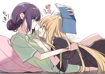 2girls :d ahoge black_shirt blonde_hair book cho_kaguya-hime! closed_mouth commentary_request eye_contact from_side girl_on_top green_eyes green_shirt green_shorts highres holding holding_book kaguya_(cho_kaguya-hime!) long_hair looking_at_another lying multiple_girls on_stomach open_book open_mouth profile purple_hair sakayori_iroha shirt short_hair short_sleeves shorts simple_background smile sound_effects translation_request white_background yukiko_(tesseract) yuri