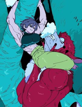 1boy 1girl abs armpits asphyxiation back_muscles battle between_thighs biceps branch broad_shoulders brown_hair choke_hold cloud fighting hanging hanging_from_tree head_between_knees head_between_thighs highres kirima_(peke07777) landscape monster muscular muscular_arms muscular_female obliques original outdoors peke07777 restrained scissorhold short_hair smile strangling struggling submission_hold teeth thick_thighs thighs triangle_choke v-taper wrestling