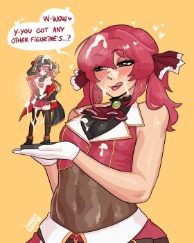 Rule 34 | !?, 1boy, artist name, blush, character figure, cosplay, covered navel, crossdressing, crossdressing (mtf), cum, cum on body, cum on figure, cum on hair, english text, facial, figure, hat, heart, highres, hololive, houshou marine, houshou marine (1st costume), houshou marine (cosplay), log dog, male focus, mars symbol, no heterochromia, pirate hat, simple background, speech bubble, surprised, tight clothes, trap, virtual youtuber