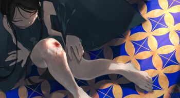 barefoot black_hair blood blood_on_leg closed_eyes commentary earrings feet from_above highres hoop_earrings jewelry long_hair original scraped_knee shimizu_en_(shimizuen3310) signature solo toes