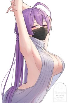 1girl absurdres amakusa_setoka armpits arms_up black_mask breasts cleavage contemporary esperanza_(shadowverse) highres large_breasts long_hair looking_at_viewer mask no_bra purple_eyes purple_hair shadowverse sideboob simple_background solo sweater upper_body virgin_killer_outfit virgin_killer_sweater watermark white_background white_sweater
