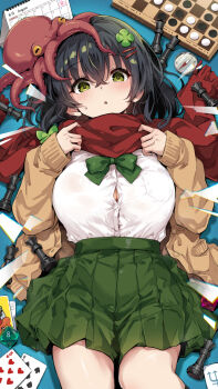 1girl :o black_hair board_game bow breasts buttons calendar_(object) card cardigan chess_piece cleavage clover clover_hair_ornament commentary_request compass cowboy_shot d8_(die) dice eight_of_hearts eight_of_spades four-leaf_clover green_bow green_eyes green_skirt hair_between_eyes hair_ornament hairclip hands_up highres hitoi long_sleeves looking_at_viewer lying medium_hair natsume_konoha octopus on_back open_cardigan open_clothes original playing_card pleated_skirt polyhedral_dice red_scarf reversi scarf skirt solo sweatdrop tarot tarot_card
