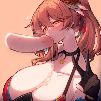 black_gloves blush breasts chinese_clothes cum erection fellatio gloves guinaifen_(honkai:_star_rail) hair_ornament heart heart_in_eye highres honkai:_star_rail honkai_(series) huge_breasts kissing_penis large_penis licking licking_penis lipstick_mark lipstick_mark_on_penis looking_at_viewer mihoyo oral orange_background orange_hair partially_fingerless_gloves penis penis_on_face ponytail rikuguma solo_focus symbol_in_eye tassel tassel_hair_ornament uncensored v yellow_eyes