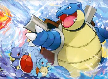 Rule 34 | blastoise, brown eyes, cannon, closed mouth, evolutionary line, fangs, gen 1 pokemon, highres, nejita, nintendo, no humans, official art, open mouth, pokemon, pokemon (creature), pokemon focus, sharp teeth, squirtle, teeth, third-party source, v-shaped eyes, wartortle, water
