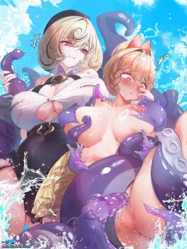 2girls absurdres accessories alice_thymefield animal_ears asymmetrical_shorts black_hat braid braided_twintails breasts compass garter_straps hat heterochromia high-waist_shorts highres imminent_rape kakuseikakusei mole mole_under_mouth monster_girl multiple_girls needle nipple_injection nipple_stimulation open_mouth pussy rabbit_ears rabbit_girl restrained scared shorts single_garter_strap sky smile spread_legs suction_cups surprised tentacle_girl tentacle_grab tentacles thiren water water_drop yidhari_murphy yuri zenless_zone_zero