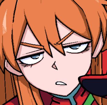 1girl blue_eyes bodysuit commentary_request hair_between_eyes half-closed_eyes interface_headset_(evangelion) jaggy_lines ji_heeeeeee korean_commentary long_hair looking_at_viewer lower_eyelashes_only lowres mecha_pilot_suit neon_genesis_evangelion orange_hair parted_lips plugsuit_(evangelion) pointing pointing_at_viewer red_bodysuit sidelocks solo souryuu_asuka_langley two_side_up