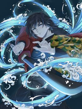 1boy belt black_hair black_jacket black_pants blue_eyes buttons closed_mouth cowboy_shot demon_slayer_uniform gold_buttons hair_between_eyes haori high_collar highres holding holding_sword holding_weapon jacket japanese_clothes katana kikkoumon kimetsu_no_yaiba long_hair looking_at_viewer low_ponytail male_focus pants pointing pointing_at_viewer ponytail print_haori red_haori sagirinmino solo spiked_hair sword tomioka_giyuu weapon white_belt