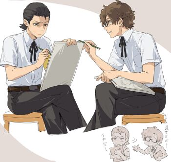 2boys armband belt belt_buckle black-framed_eyewear black_hair black_pants black_ribbon brown_belt brown_eyes brown_hair buckle chibi chibi_inset closed_mouth collared_shirt crossed_legs drawing_(action) embarrassed gekkoukan_high_school_uniform glasses hair_slicked_back hiraga_keisuke isa_(peien516) looking_at_another male_focus multiple_boys neck_ribbon odagiri_hidetoshi on_stool pants persona persona_3 ribbon school_uniform semi-rimless_eyewear shirt short_hair short_sleeves sitting smile white_shirt wing_collar yellow_armband