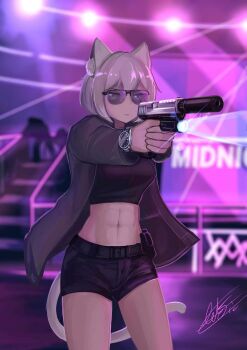 1girl 2others abs ammunition_pouch animal_ear_fluff animal_ears arktic backlighting belt belt_pouch black_jacket black_shirt black_shorts blurry blurry_background cat_ears cat_girl cat_tail commentary cowboy_shot crop_top cropped_shirt english_commentary finger_on_trigger flashlight flashlight_beam gun h&amp;k_usp handgun highres holding holding_gun holding_weapon jacket lens_flare long_sleeves multiple_others navel neon_lights nightclub open_clothes open_jacket original parted_lips pink_hair pink_tail pouch serious shirt shorts signature spotlight stairs sunglasses suppressor tail thighs ultraviolet_light watch weapon yellow_eyes