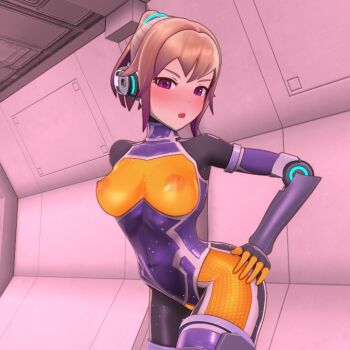 1girl 3d agent_mirai blender_(medium) blush bodysuit breasts brown_hair covered_erect_nipples covered_navel hand_on_own_hip impossible_bodysuit impossible_clothes joints looking_at_viewer medium_breasts mirai_(agent_mirai) multicolored_bodysuit nipples open_mouth orange_bodysuit ponytail purple_bodysuit purple_eyes short_hair skin_tight solo umaaji_lady_mk2