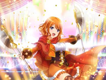 1girl axe battle_axe brown_corset brown_gloves confetti corset dual_wielding ebisu_tsukasa game_cg gloves holding holding_axe jacket long_sleeves looking_at_viewer official_art open_mouth orange_hair orange_jacket orange_skirt outstretched_arms purple_eyes red_scarf scarf short_hair shoujo_kageki_revue_starlight shoujo_kageki_revue_starlight_-re_live- skirt solo stage_lights standing upper_body wavy_hair weapon