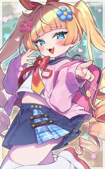 1girl :d artist_name ass backpack bag blonde_hair blue_eyes blue_hair blue_skirt blunt_bangs blush bow bow_hairband cardigan commentary_request commission crime_prevention_buzzer dot_nose drill_hair fangs flower hair_flower hair_ornament hairband hands_up heart highres leg_up long_hair long_sleeves looking_at_viewer mesugaki miniskirt mole mole_under_eye multicolored_hair nail_polish name_tag open_cardigan open_clothes open_mouth original pink_bag pink_cardigan pink_nails plaid_clothes plaid_skirt pleated_skirt pointing pointing_at_viewer randoseru red_bow red_hairband sailor_collar sailor_shirt school_uniform shirt signature skeb_commission skindentation skirt sleeves_past_wrists smile solo standing standing_on_one_leg star_(symbol) star_symbol_background streaked_hair thighhighs trente twin_drills twintails twitter_username very_long_hair watermark white_shirt white_thighhighs