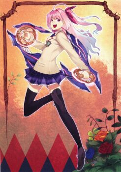 1girl absurdres ahoge arm_blade artist_name artist_request black_thighhighs blazer bow brown_jacket chakram chaos;head d-sword dual_wielding hair_bow hair_ribbon highres holding holding_sword holding_weapon jacket lapels long_hair long_sleeves notched_lapels official_art one_side_up open_mouth phantom_breaker pink_eyes pink_hair plaid_clothes plaid_skirt pleated_skirt red_bow red_trim ribbon sakihata_rimi sakihata_rimi's_d-sword scan school_uniform science_adventure skirt smile solo suimei_academy_school_uniform sword thighhighs weapon zettai_ryouiki