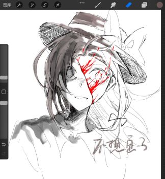 1girl alternate_hair_length_(longer) art_program_in_frame art_program_request blood bow collared_shirt commentary cuts dated_commentary hair_bow hat hat_bow highres injury long_hair open_mouth oriharareimu shirt sketch solo touhou translation_request usami_renko white_background wide-eyed